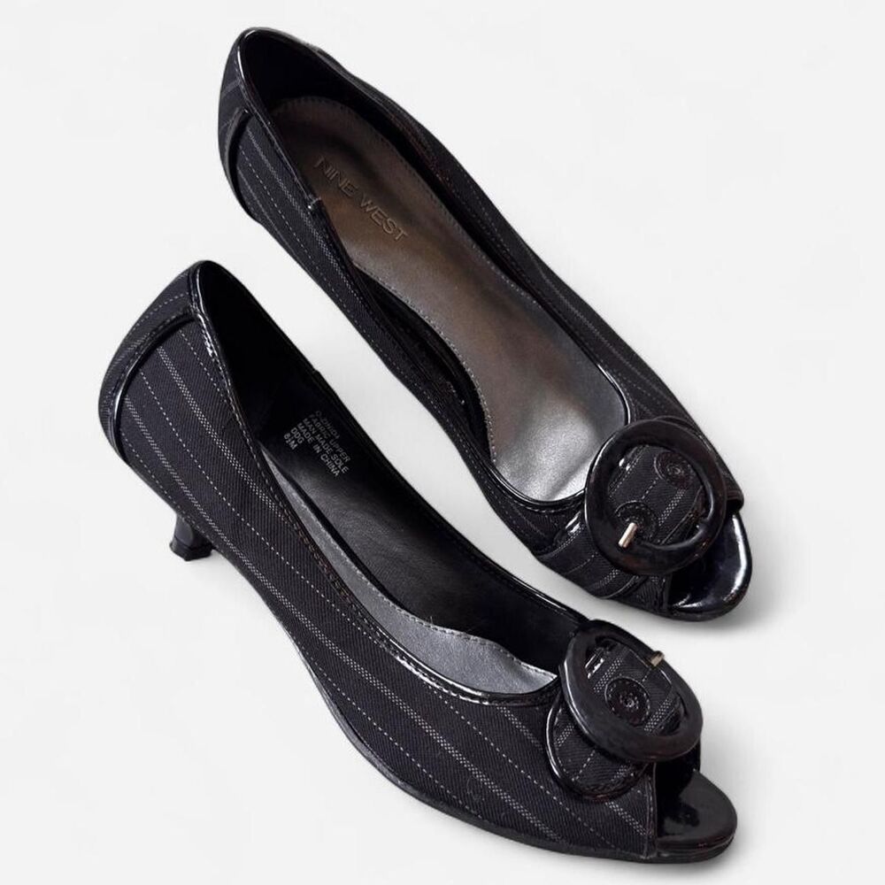 Nine West Black leather peep toe kitten heels buckle size 8.5